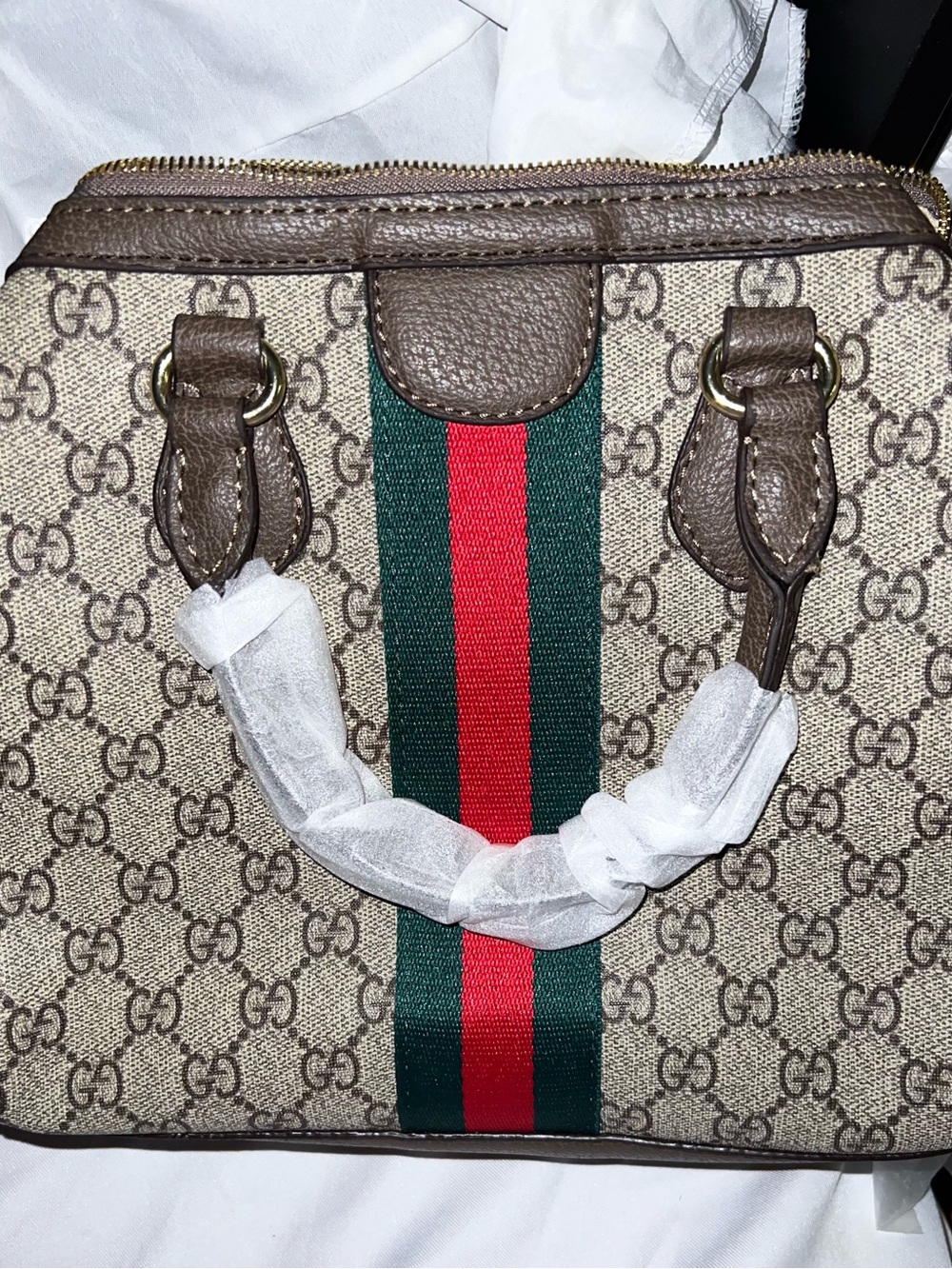 Brown Monogram satchel with Green-Red Web Stripe